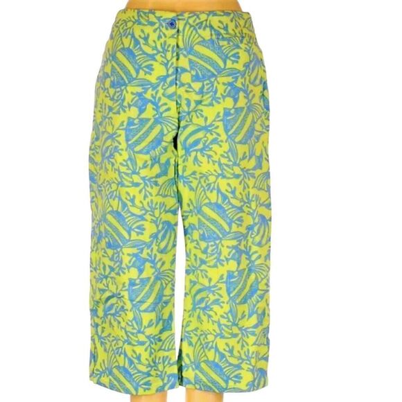 Talbots CropPants Undersea Teal/Yellow Printed High Rise Pockets Sz 8 NWOT - Picture 1 of 10